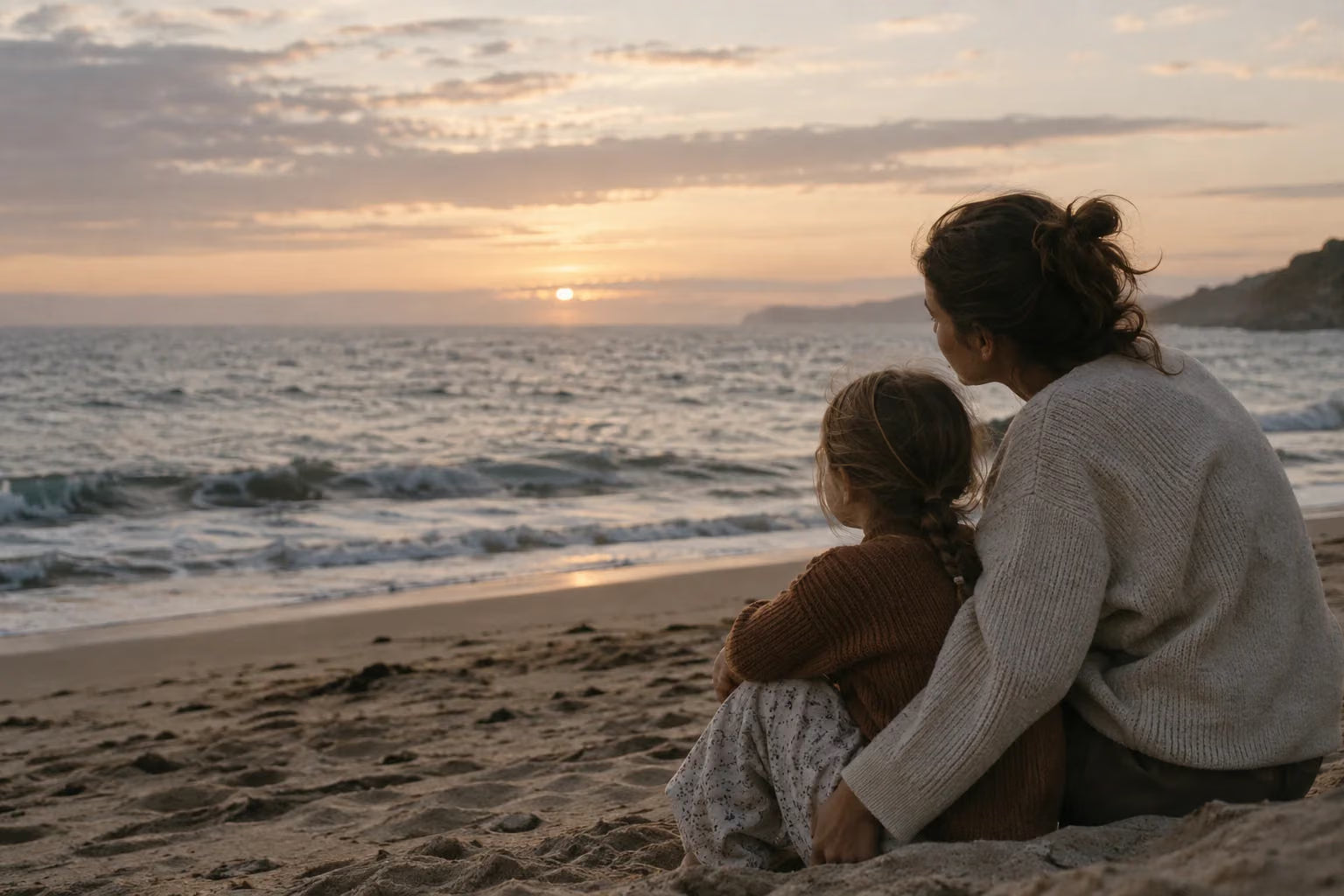 A parent and child sitting together on the shore, looking across the sea at dusk