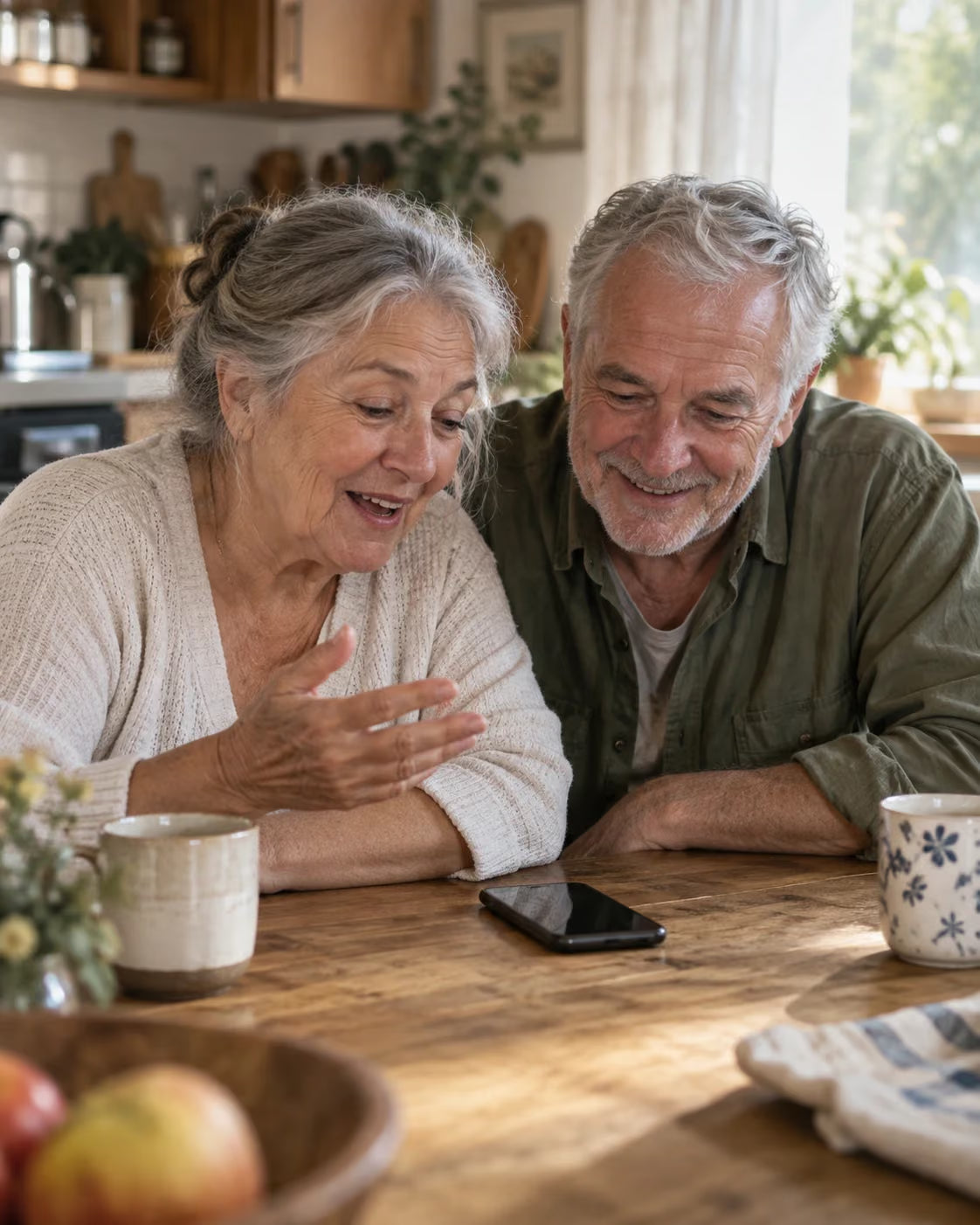 Grandma and Grandpa talking together toward a phone on speaker at their kitchen table