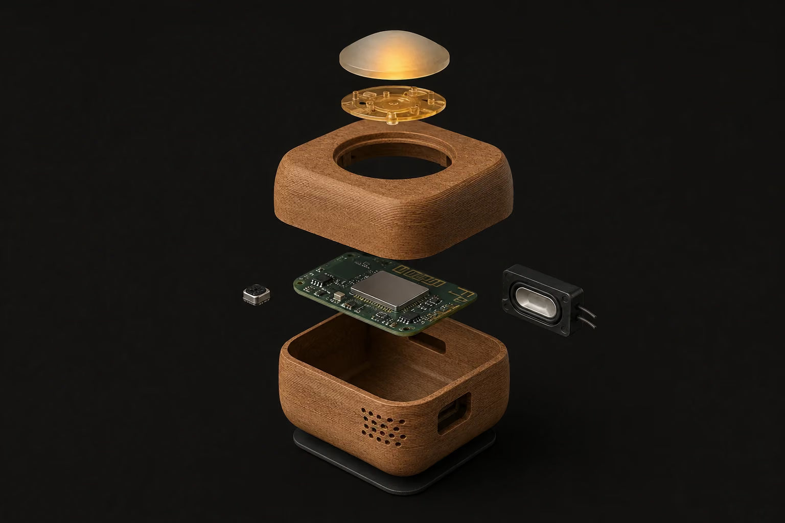 An exploded view of the teak-finish LittleVoice box, revealing its wireless electronics, microphone, and speaker.