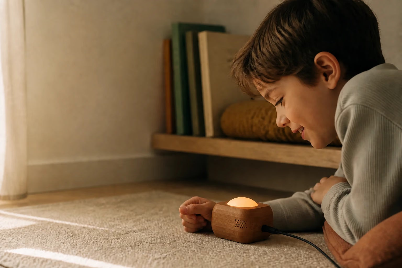 A child listening to the teak wood-finish LittleVoice box beside them, its large button softly illuminated