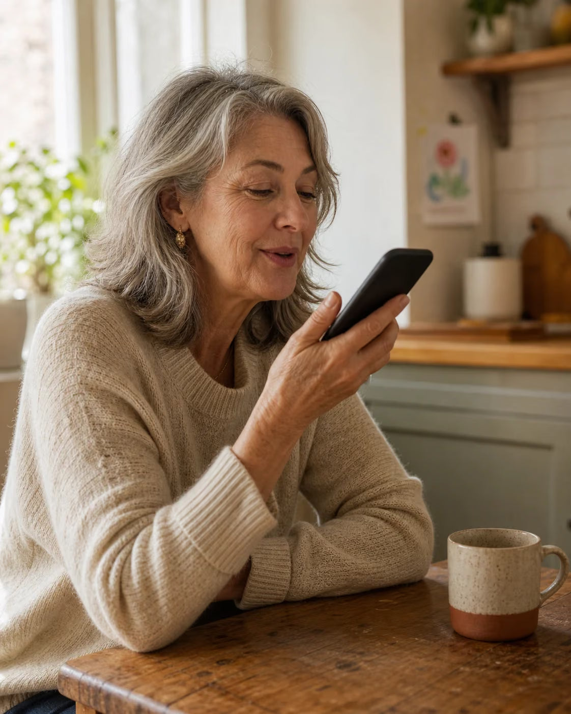 A grandmother sending a voice note from her kitchen table