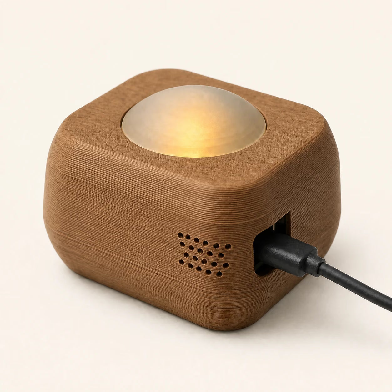 LittleVoice: a teak wood-finish voice-message box with one large illuminated button and USB-C power